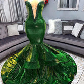 Glamorous Green Sequins Sheer Tulle Sleeveless Prom Dress with Beadings